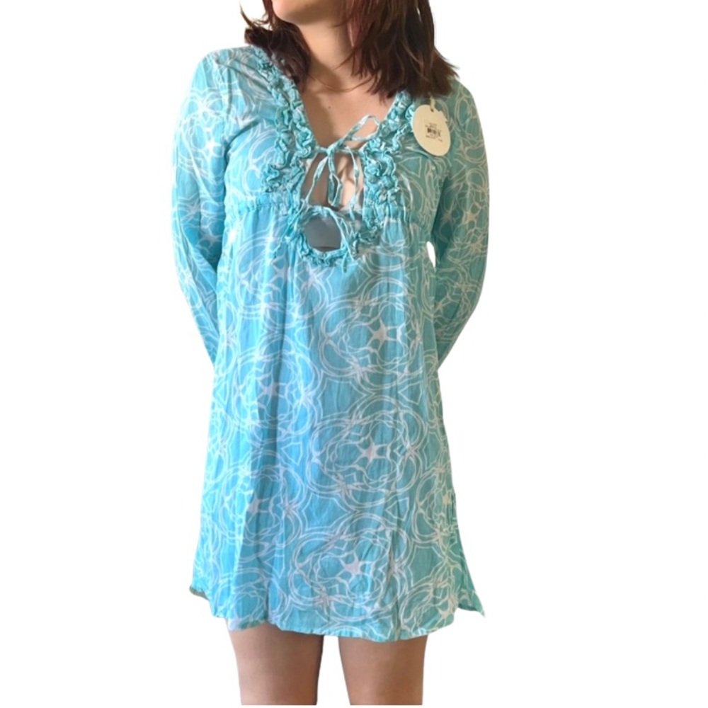 100% Linen Turquoise Starfish Swim Cover up Sz Medium Beach Resort Coastal